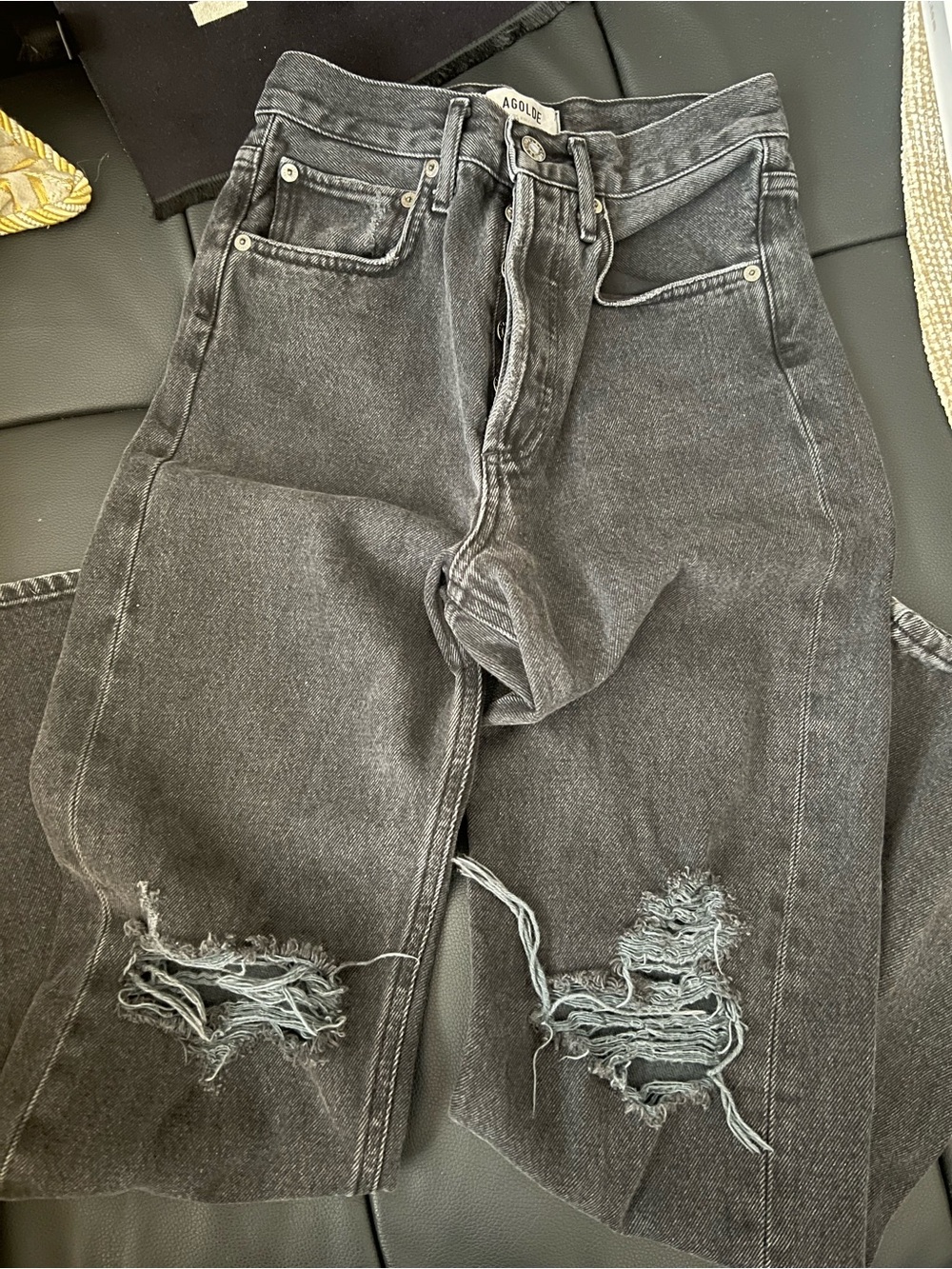 $10Gift🦊New AGOLDE Dark grey charcoal High-RiseDistressed Straight Jeans waist24 - Picture 2 of 15